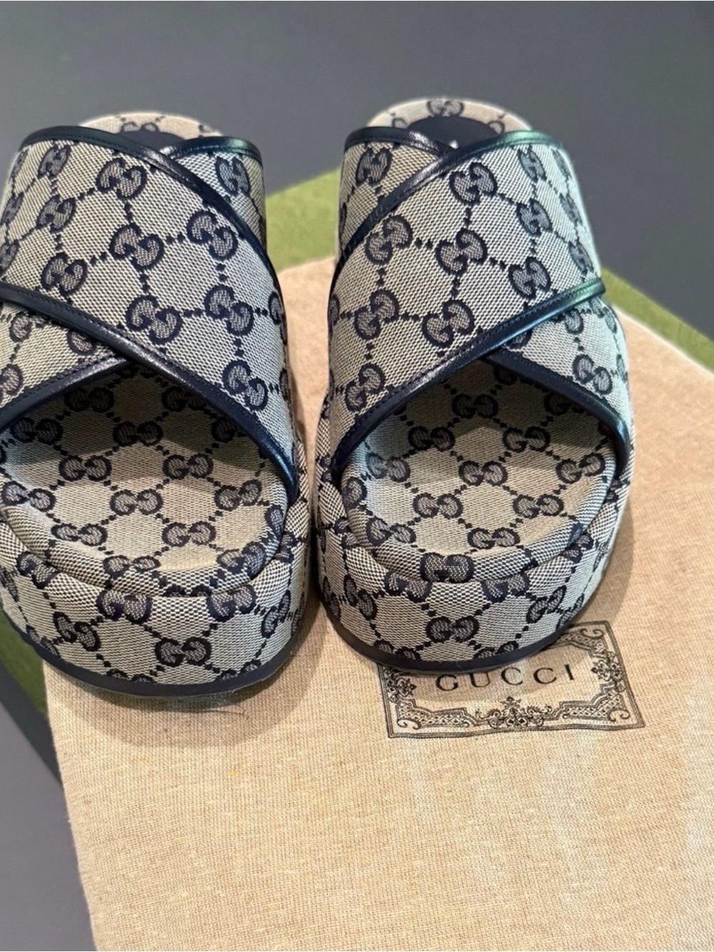 Gucci Beige & Blue Monogram Cross-Strap Platform Sandals